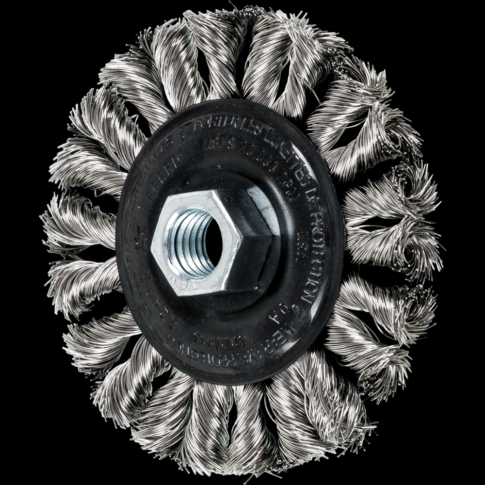 PFERD COMBITWIST® Knot Wheel Brush 4&#34; Dia. .014 Stainless Steel 5/8-11&#34; Thread<span class=' ItemWarning' style='display:block;'>Item is usually in stock, but we&#39;ll be in touch if there&#39;s a problem<br /></span>