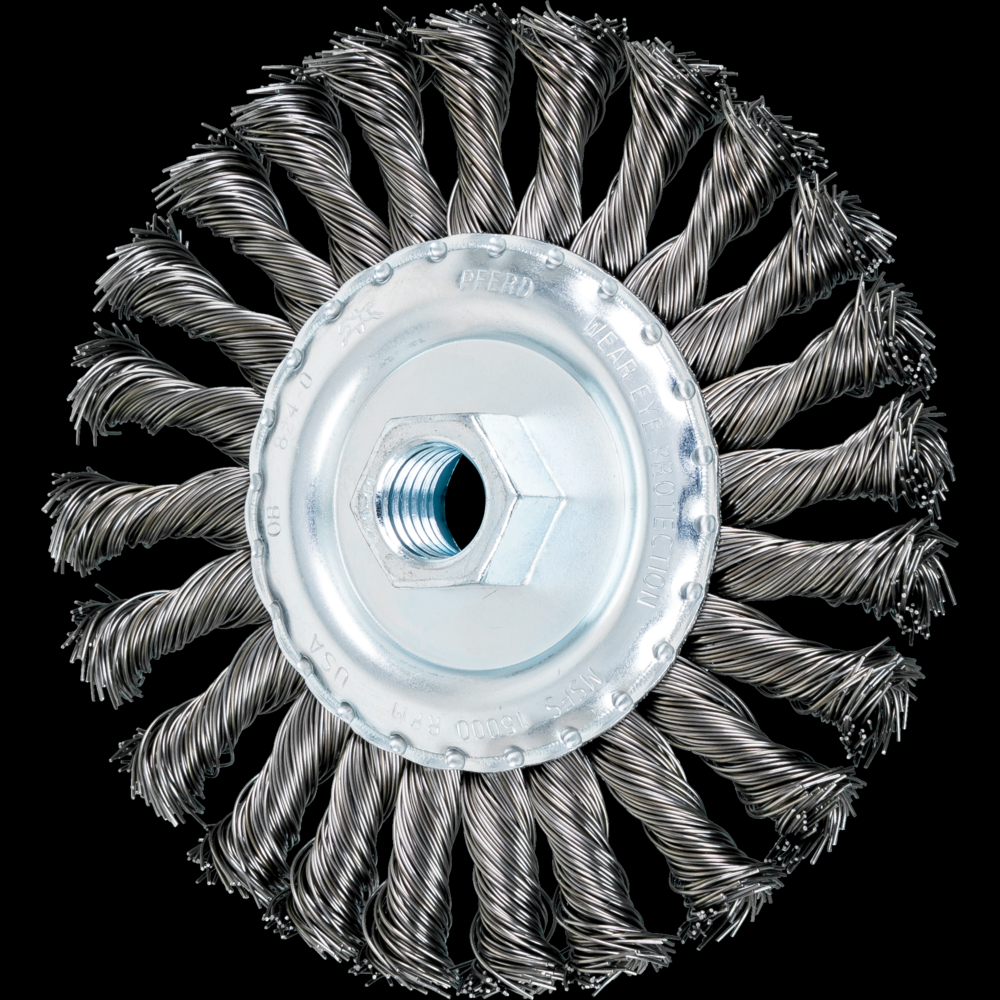 PFERD Standard Twist Knot Wire Wheel Brush 5&#34; Dia. .020 Carbon Steel 5/8-11&#34; Thread<span class=' ItemWarning' style='display:block;'>Item is usually in stock, but we&#39;ll be in touch if there&#39;s a problem<br /></span>