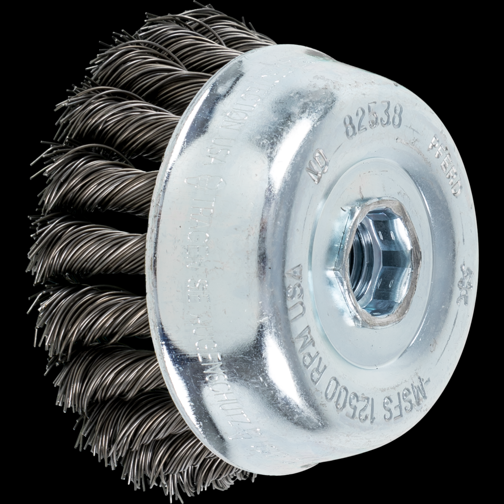 PFERD Knot Wire Cup Brush 3-1/2&#34; Dia. .020 Carbon Steel 5/8-11&#34; Thread (int.)<span class=' ItemWarning' style='display:block;'>Item is usually in stock, but we&#39;ll be in touch if there&#39;s a problem<br /></span>