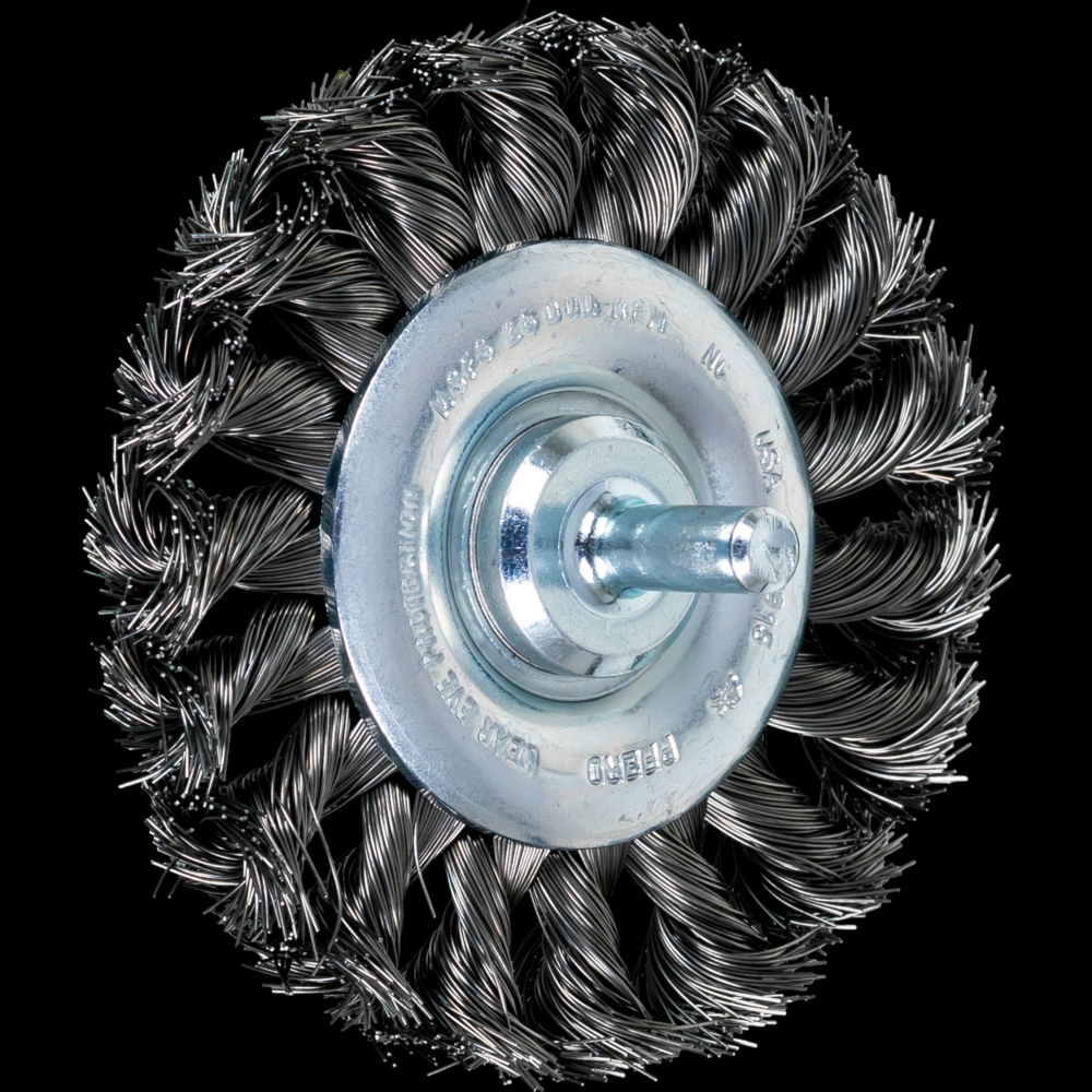 PFERD Mounted Knot Wheel Brush 3&#34; Dia. .012 Carbon Steel 1/4&#34; Shank<span class=' ItemWarning' style='display:block;'>Item is usually in stock, but we&#39;ll be in touch if there&#39;s a problem<br /></span>