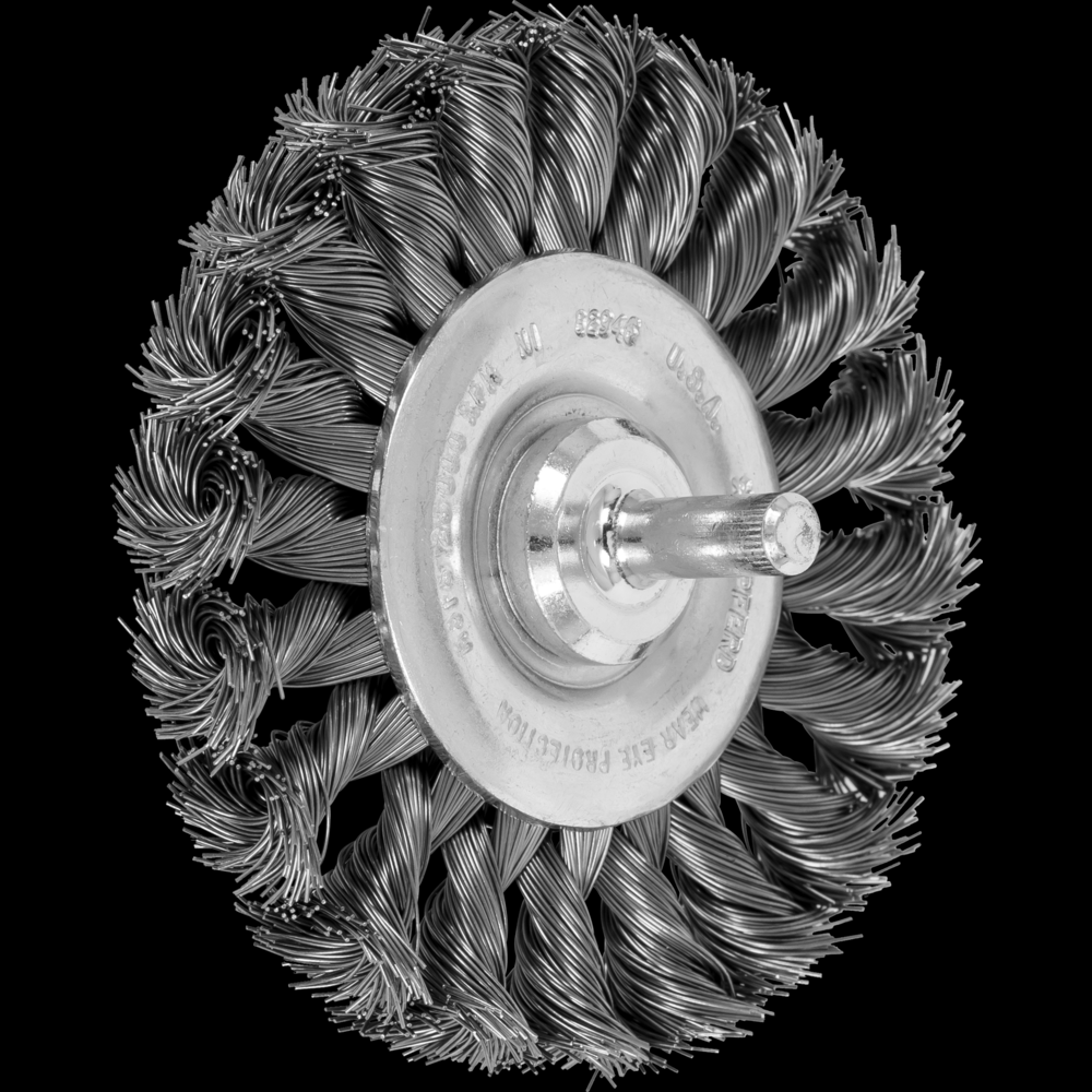 PFERD Mounted Knot Wheel Brush 3-1/4&#34; Dia. .014 Carbon Steel 1/4&#34; Shank<span class=' ItemWarning' style='display:block;'>Item is usually in stock, but we&#39;ll be in touch if there&#39;s a problem<br /></span>