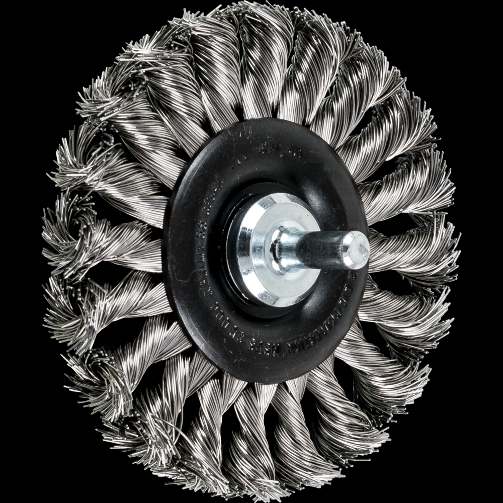 PFERD Mounted Knot Wheel Brush 3-1/4&#34; Dia. .014 Stainless Steel 1/4&#34; Shank<span class=' ItemWarning' style='display:block;'>Item is usually in stock, but we&#39;ll be in touch if there&#39;s a problem<br /></span>