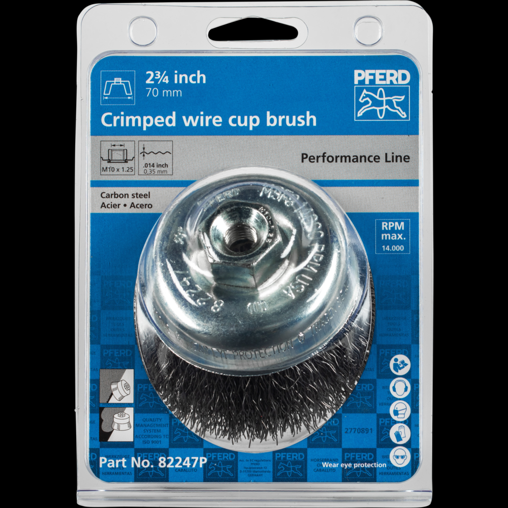 PFERD Crimped Wire Cup Brush PSF 2-3/4&#34; Dia. .014 Carbon Steel M10x1.25 Thread Retail<span class=' ItemWarning' style='display:block;'>Item is usually in stock, but we&#39;ll be in touch if there&#39;s a problem<br /></span>