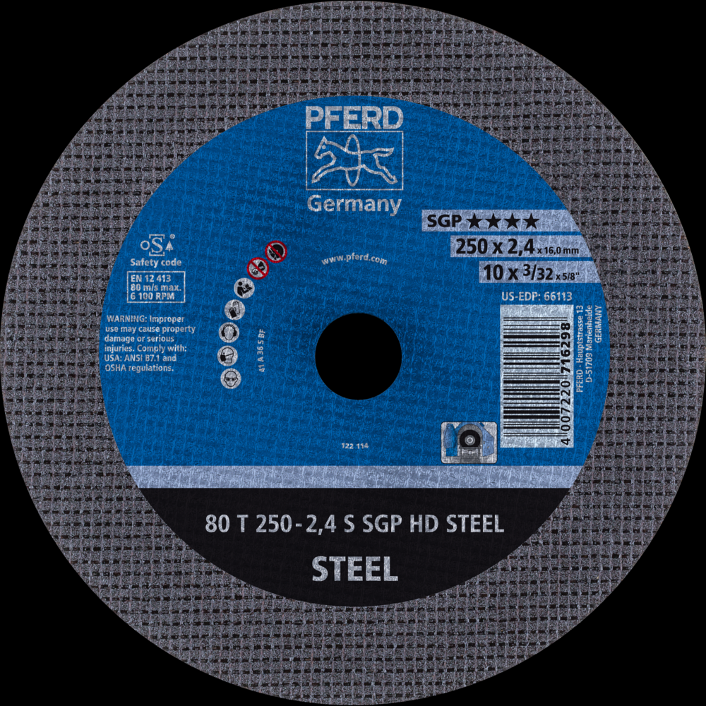 PFERD Large Diameter Cut-Off Wheel 10&#34; x 3/32 x 5/8, SGP HD STEEL, S, Aluminum oxide<span class=' ItemWarning' style='display:block;'>Item is usually in stock, but we&#39;ll be in touch if there&#39;s a problem<br /></span>