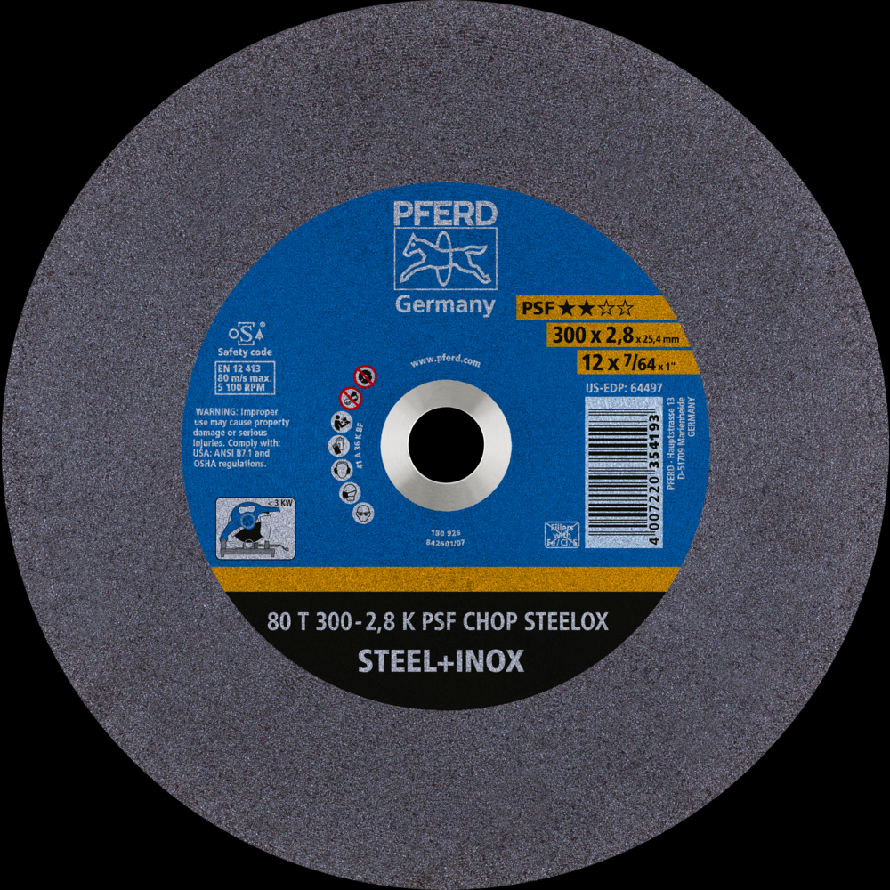 PFERD Large Diameter Cut-Off Wheel 12&#34; x 7/64 x 1, PSF CHOP STEELOX, K, Aluminum oxide<span class=' ItemWarning' style='display:block;'>Item is usually in stock, but we&#39;ll be in touch if there&#39;s a problem<br /></span>