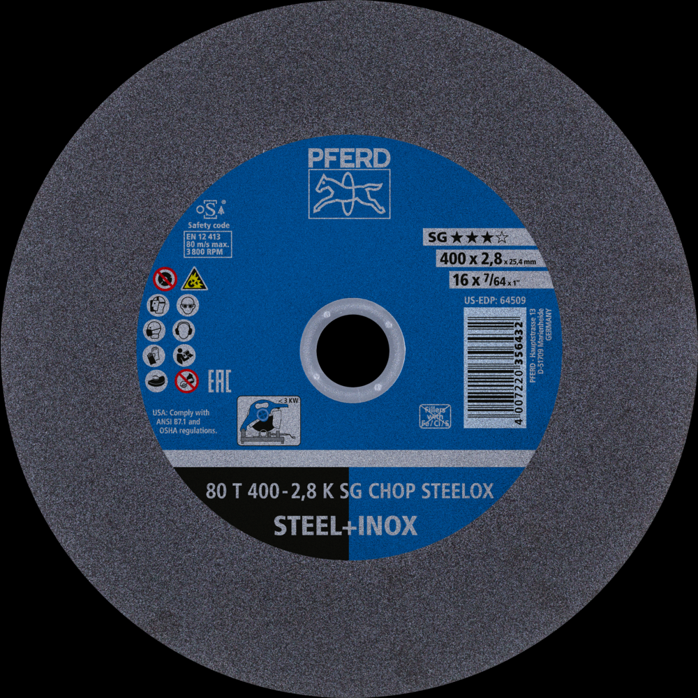 PFERD Large Diameter Cut-Off Wheel 16&#34; x 7/64 x 1, SG CHOP STEELOX, K, Aluminum oxide<span class=' ItemWarning' style='display:block;'>Item is usually in stock, but we&#39;ll be in touch if there&#39;s a problem<br /></span>