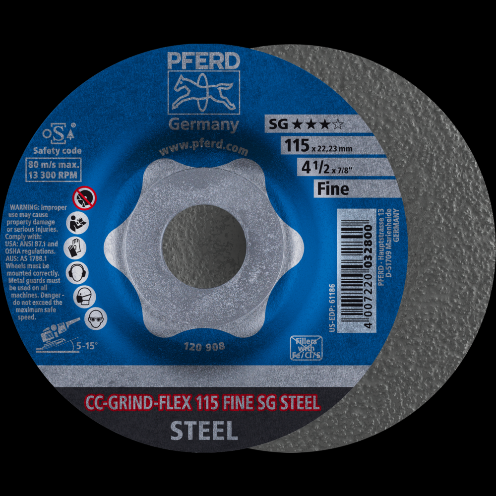 PFERD Grinding disc, CC-GRIND®-FLEX, 4-1/2&#34; x 7/8, SG STEEL, Fine, Ceramic<span class=' ItemWarning' style='display:block;'>Item is usually in stock, but we&#39;ll be in touch if there&#39;s a problem<br /></span>