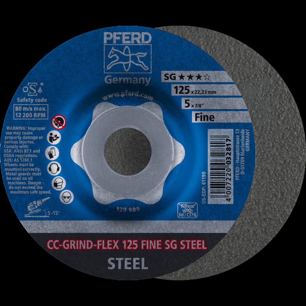 PFERD Grinding disc, CC-GRIND®-FLEX, 4-1/2&#34; x 7/8, SG STEEL, Coarse, Ceramic<span class=' ItemWarning' style='display:block;'>Item is usually in stock, but we&#39;ll be in touch if there&#39;s a problem<br /></span>