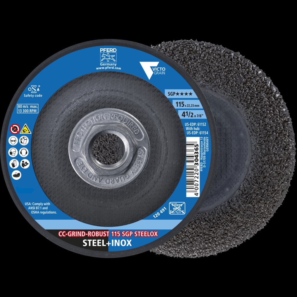 PFERD Grinding disc, CC-GRIND®-ROBUST,4-1/2&#34; x 5/8-11, SGP STEELOX VICTOGRAIN®,Ceramic<span class=' ItemWarning' style='display:block;'>Item is usually in stock, but we&#39;ll be in touch if there&#39;s a problem<br /></span>