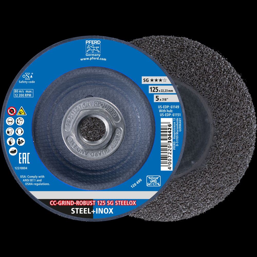 PFERD Grinding disc, CC-GRIND®-ROBUST, 5&#34; x 5/8-11, SG STEELOX, Ceramic<span class=' ItemWarning' style='display:block;'>Item is usually in stock, but we&#39;ll be in touch if there&#39;s a problem<br /></span>