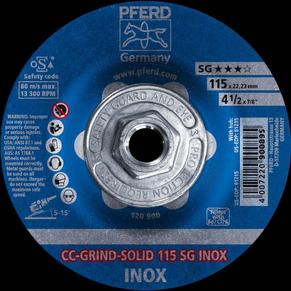 PFERD Grinding disc, CC-GRIND®-SOLID, 4-1/2&#34; x 5/8-11, SG INOX, Ceramic<span class=' ItemWarning' style='display:block;'>Item is usually in stock, but we&#39;ll be in touch if there&#39;s a problem<br /></span>