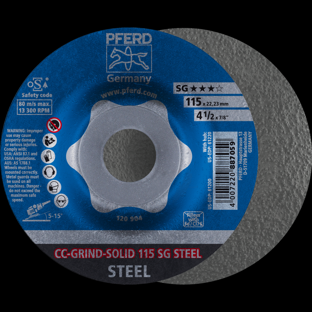 PFERD Grinding disc, CC-GRIND®-SOLID, 4-1/2&#34; x 7/8, SG STEEL, Ceramic<span class=' ItemWarning' style='display:block;'>Item is usually in stock, but we&#39;ll be in touch if there&#39;s a problem<br /></span>