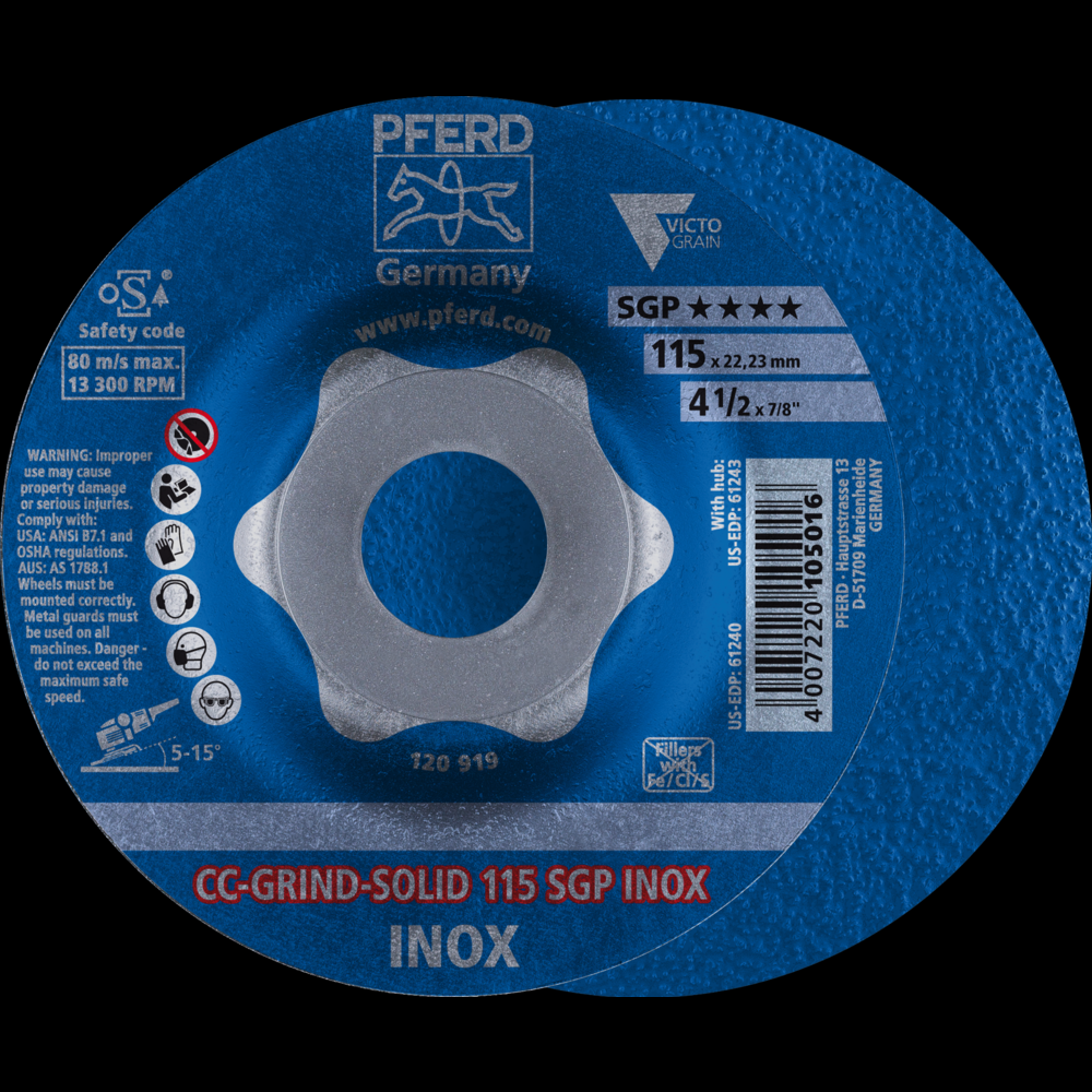 PFERD Grinding disc, CC-GRIND®-SOLID, 4-1/2&#34; x 7/8, SGP INOX VICTOGRAIN®-COOL, Ceramic<span class=' ItemWarning' style='display:block;'>Item is usually in stock, but we&#39;ll be in touch if there&#39;s a problem<br /></span>