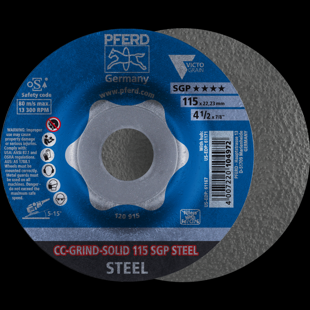 PFERD Grinding disc, CC-GRIND®-SOLID, 4-1/2&#34; x 5/8-11, SGP STEEL VICTOGRAIN®, Ceramic<span class=' ItemWarning' style='display:block;'>Item is usually in stock, but we&#39;ll be in touch if there&#39;s a problem<br /></span>