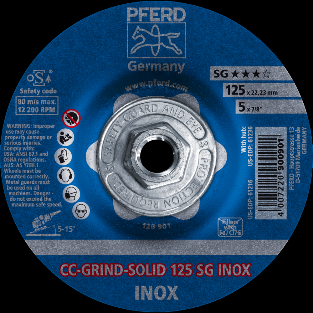 PFERD Grinding disc, CC-GRIND®-SOLID, 5&#34; x 5/8-11, SG INOX, Ceramic<span class=' ItemWarning' style='display:block;'>Item is usually in stock, but we&#39;ll be in touch if there&#39;s a problem<br /></span>