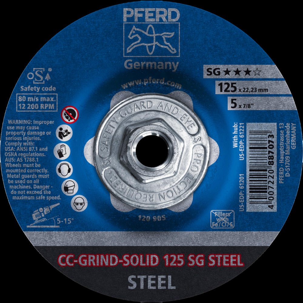 PFERD Grinding disc, CC-GRIND®-SOLID, 5&#34; x 5/8-11, SG STEEL, Ceramic<span class=' ItemWarning' style='display:block;'>Item is usually in stock, but we&#39;ll be in touch if there&#39;s a problem<br /></span>