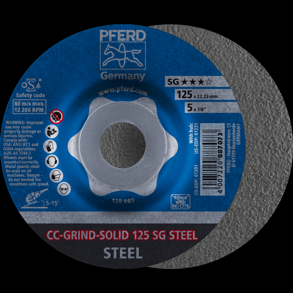 PFERD Grinding disc, CC-GRIND®-SOLID, 5&#34; x 7/8, SG STEEL, Ceramic<span class=' ItemWarning' style='display:block;'>Item is usually in stock, but we&#39;ll be in touch if there&#39;s a problem<br /></span>