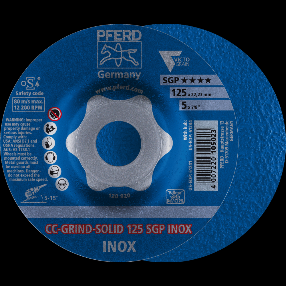 PFERD Grinding disc, CC-GRIND®-SOLID, 5&#34; x 7/8, SGP INOX VICTOGRAIN®-COOL, Ceramic<span class=' ItemWarning' style='display:block;'>Item is usually in stock, but we&#39;ll be in touch if there&#39;s a problem<br /></span>