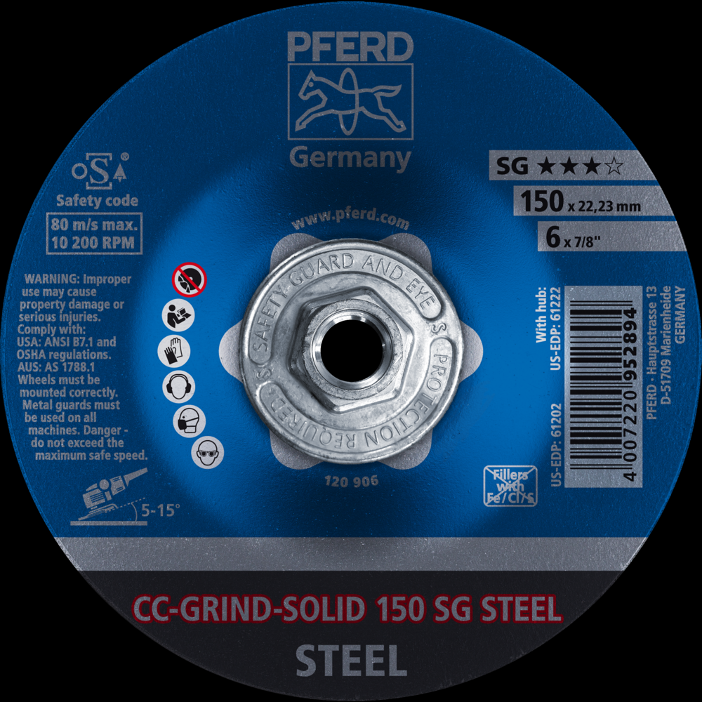 PFERD Grinding disc, CC-GRIND®-SOLID, 6 x 5/8-11&#34;, SG STEEL, Ceramic<span class=' ItemWarning' style='display:block;'>Item is usually in stock, but we&#39;ll be in touch if there&#39;s a problem<br /></span>