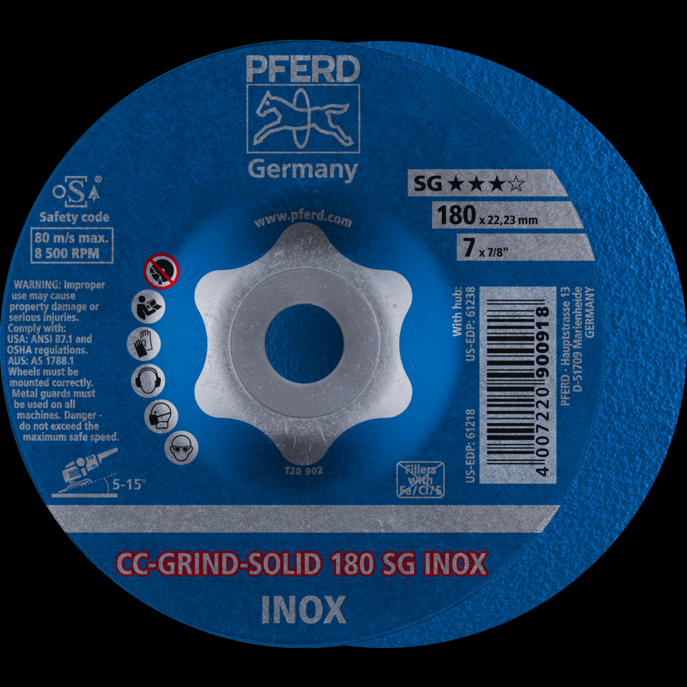 PFERD Grinding disc, CC-GRIND®-SOLID, 7&#34; x 7/8, SG INOX, Ceramic<span class=' ItemWarning' style='display:block;'>Item is usually in stock, but we&#39;ll be in touch if there&#39;s a problem<br /></span>