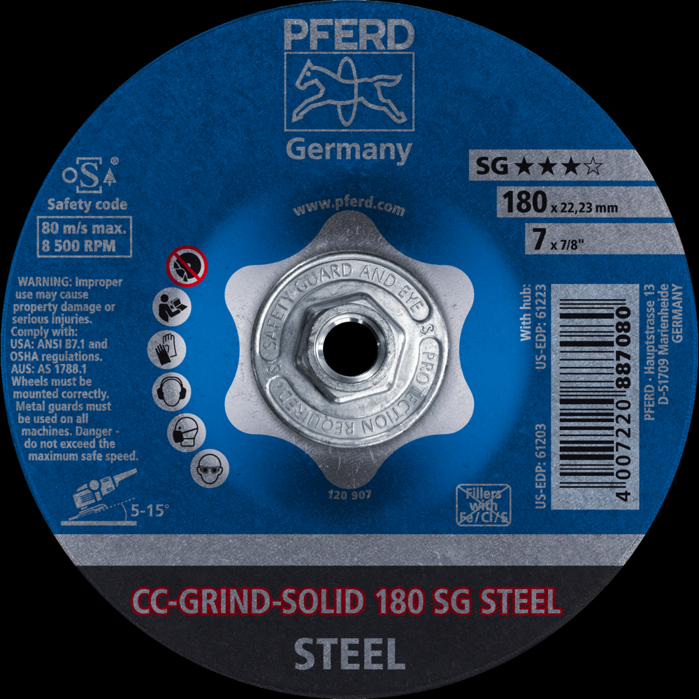 PFERD Grinding disc, CC-GRIND®-SOLID, 7 x 5/8-11&#34;, SG STEEL, Ceramic<span class=' ItemWarning' style='display:block;'>Item is usually in stock, but we&#39;ll be in touch if there&#39;s a problem<br /></span>