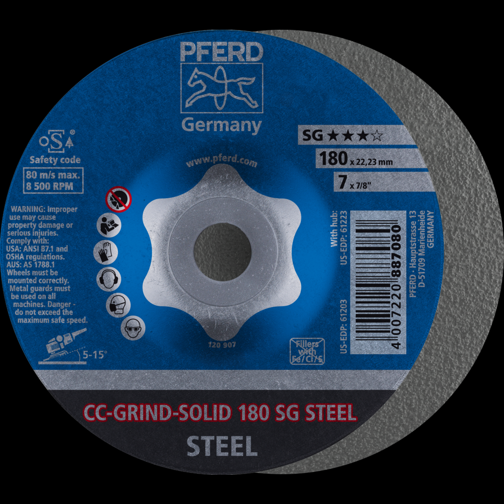 PFERD Grinding disc, CC-GRIND®-SOLID, 7&#34; x 7/8, SG STEEL, Ceramic<span class=' ItemWarning' style='display:block;'>Item is usually in stock, but we&#39;ll be in touch if there&#39;s a problem<br /></span>