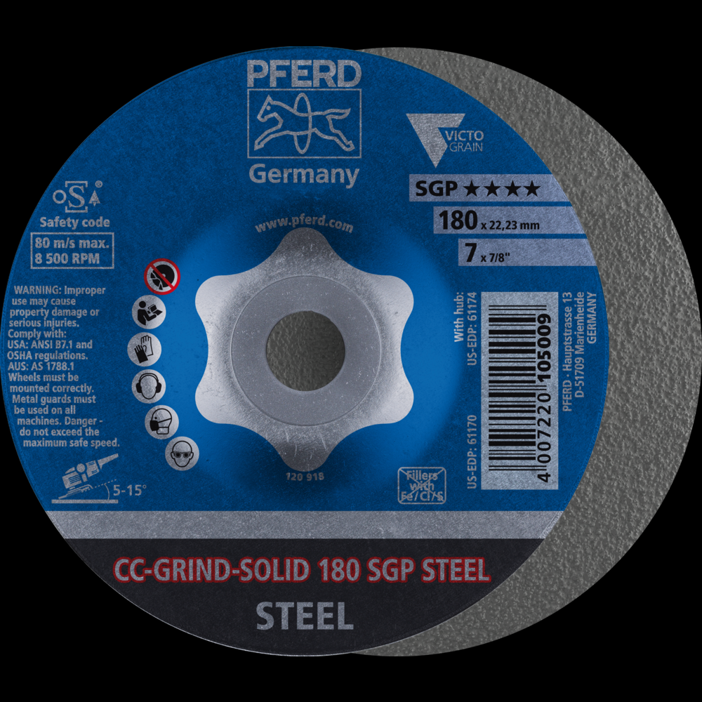 PFERD Grinding disc, CC-GRIND®-SOLID, 7&#34; x 5/8-11, SGP STEEL VICTOGRAIN®, Ceramic<span class=' ItemWarning' style='display:block;'>Item is usually in stock, but we&#39;ll be in touch if there&#39;s a problem<br /></span>