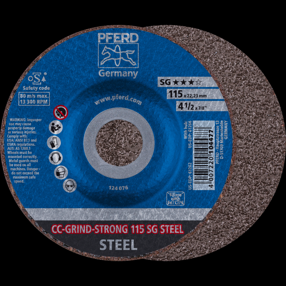 PFERD Grinding disc, CC-GRIND®-STRONG, 4-1/2&#34; x 7/8, SG STEEL, Ceramic<span class=' ItemWarning' style='display:block;'>Item is usually in stock, but we&#39;ll be in touch if there&#39;s a problem<br /></span>