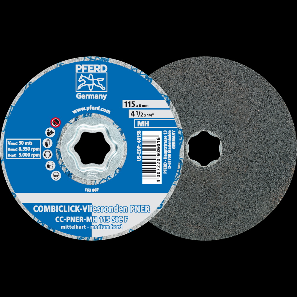 PFERD COMBICLICK® Unitized Disc, 4-1/2&#34; Dia, Fine, Medium-Hard, 6SF, Silicon carbide<span class=' ItemWarning' style='display:block;'>Item is usually in stock, but we&#39;ll be in touch if there&#39;s a problem<br /></span>