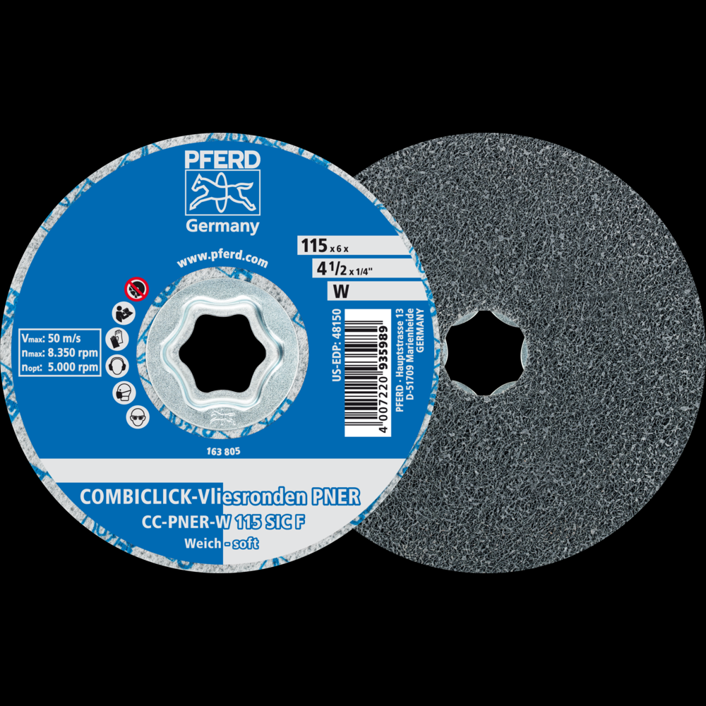 PFERD COMBICLICK® Unitized Disc, 4-1/2&#34; Dia, Fine, Soft, 2SF, Silicon carbide<span class=' ItemWarning' style='display:block;'>Item is usually in stock, but we&#39;ll be in touch if there&#39;s a problem<br /></span>