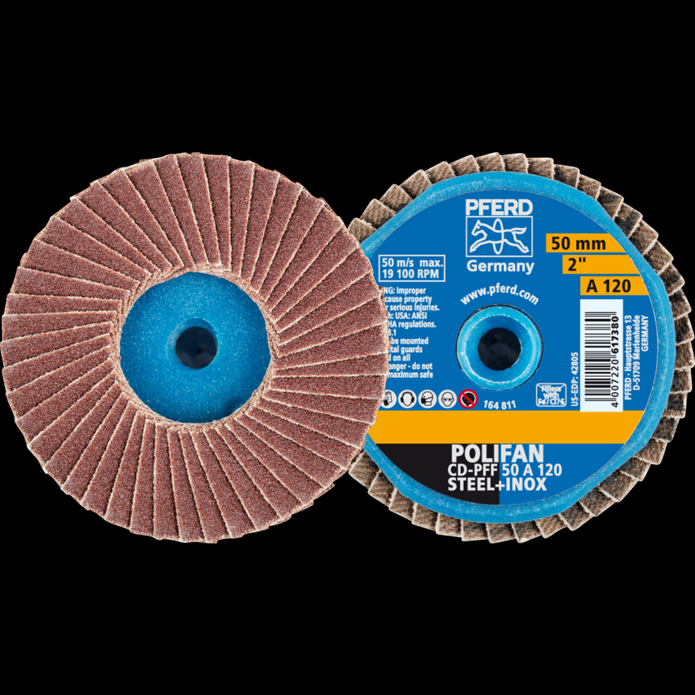 PFERD Mini Flap Disc, 2&#34; Dia, Type CD, 120 Grit, Flat, Aluminum oxide<span class=' ItemWarning' style='display:block;'>Item is usually in stock, but we&#39;ll be in touch if there&#39;s a problem<br /></span>