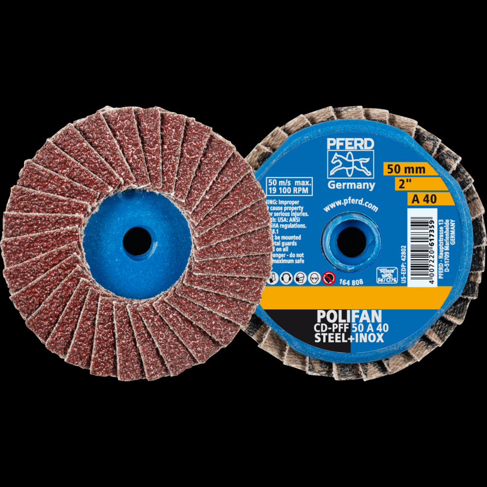 PFERD Mini Flap Disc, 2&#34; Dia, Type CD, 40 Grit, Flat, Aluminum oxide<span class=' ItemWarning' style='display:block;'>Item is usually in stock, but we&#39;ll be in touch if there&#39;s a problem<br /></span>