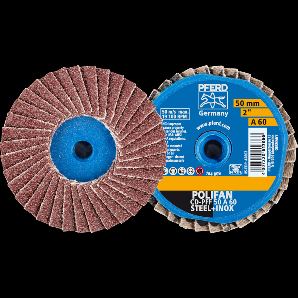 PFERD Mini Flap Disc, 2&#34; Dia, Type CD, 60 Grit, Flat, Aluminum oxide<span class=' ItemWarning' style='display:block;'>Item is usually in stock, but we&#39;ll be in touch if there&#39;s a problem<br /></span>