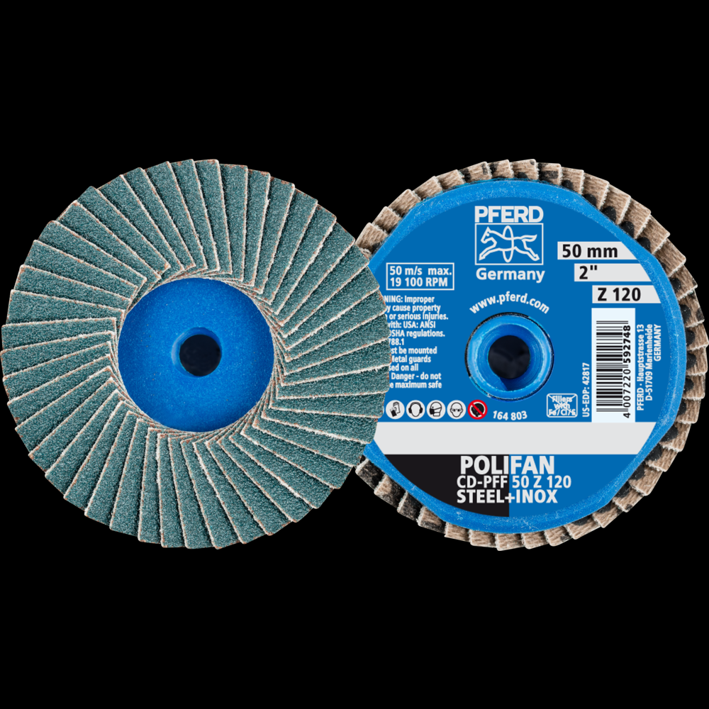 PFERD Mini Flap Disc, 2&#34; Dia, Type CD, 120 Grit, Flat, Zirconia alumina<span class=' ItemWarning' style='display:block;'>Item is usually in stock, but we&#39;ll be in touch if there&#39;s a problem<br /></span>