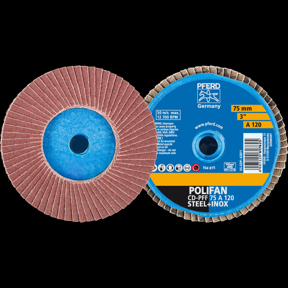 PFERD Mini Flap Disc, 3&#34; Dia, Type CD, 120 Grit, Flat, Aluminum oxide<span class=' ItemWarning' style='display:block;'>Item is usually in stock, but we&#39;ll be in touch if there&#39;s a problem<br /></span>