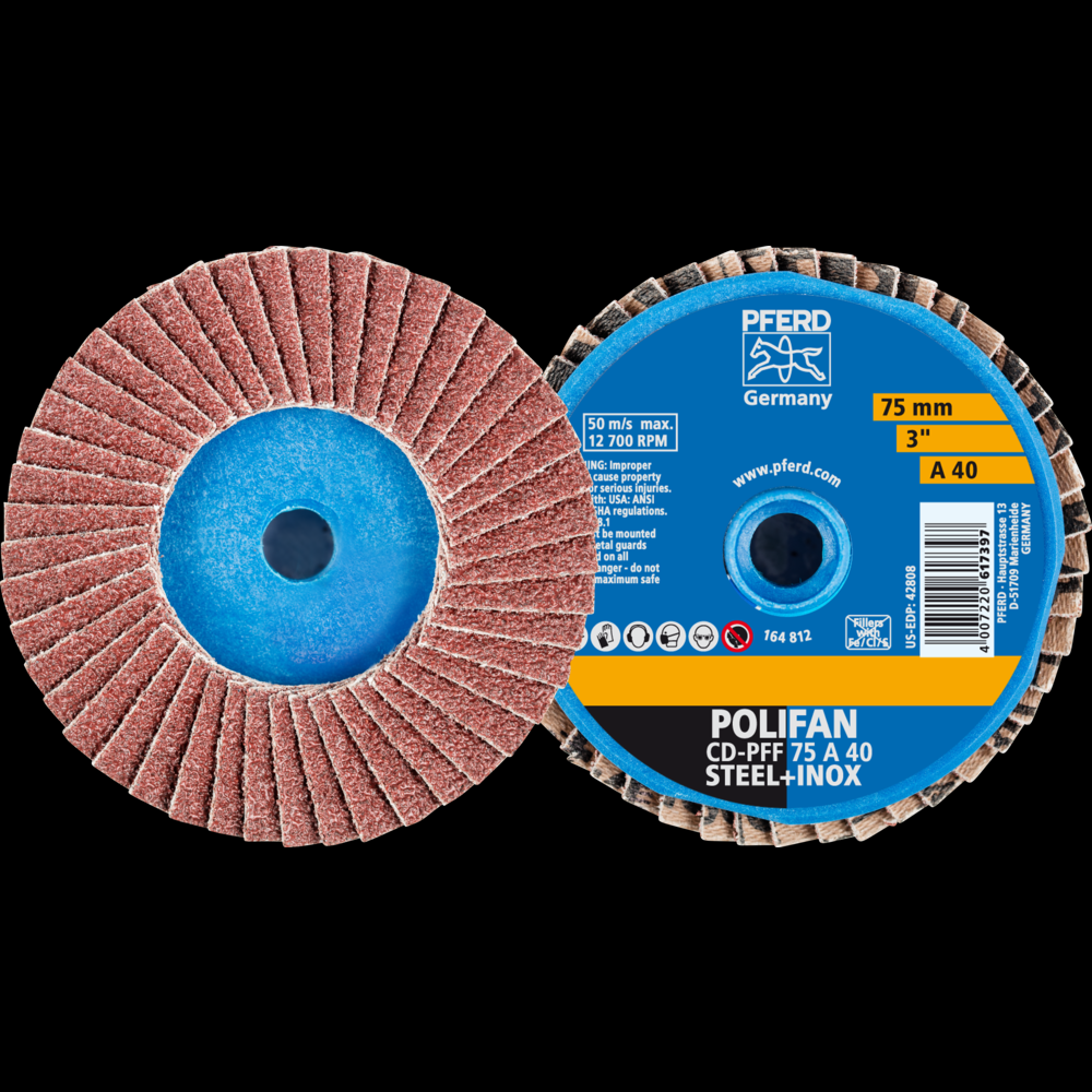 PFERD Mini Flap Disc, 3&#34; Dia, Type CD, 40 Grit, Flat, Aluminum oxide<span class=' ItemWarning' style='display:block;'>Item is usually in stock, but we&#39;ll be in touch if there&#39;s a problem<br /></span>