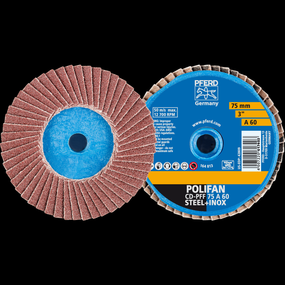 PFERD Mini Flap Disc, 3&#34; Dia, Type CD, 60 Grit, Flat, Aluminum oxide<span class=' ItemWarning' style='display:block;'>Item is usually in stock, but we&#39;ll be in touch if there&#39;s a problem<br /></span>