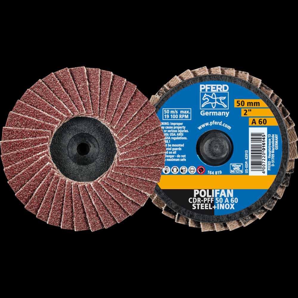 PFERD Mini Flap Disc, 2&#34; Dia, Type CDR, 60 Grit, Flat, Aluminum oxide<span class=' ItemWarning' style='display:block;'>Item is usually in stock, but we&#39;ll be in touch if there&#39;s a problem<br /></span>