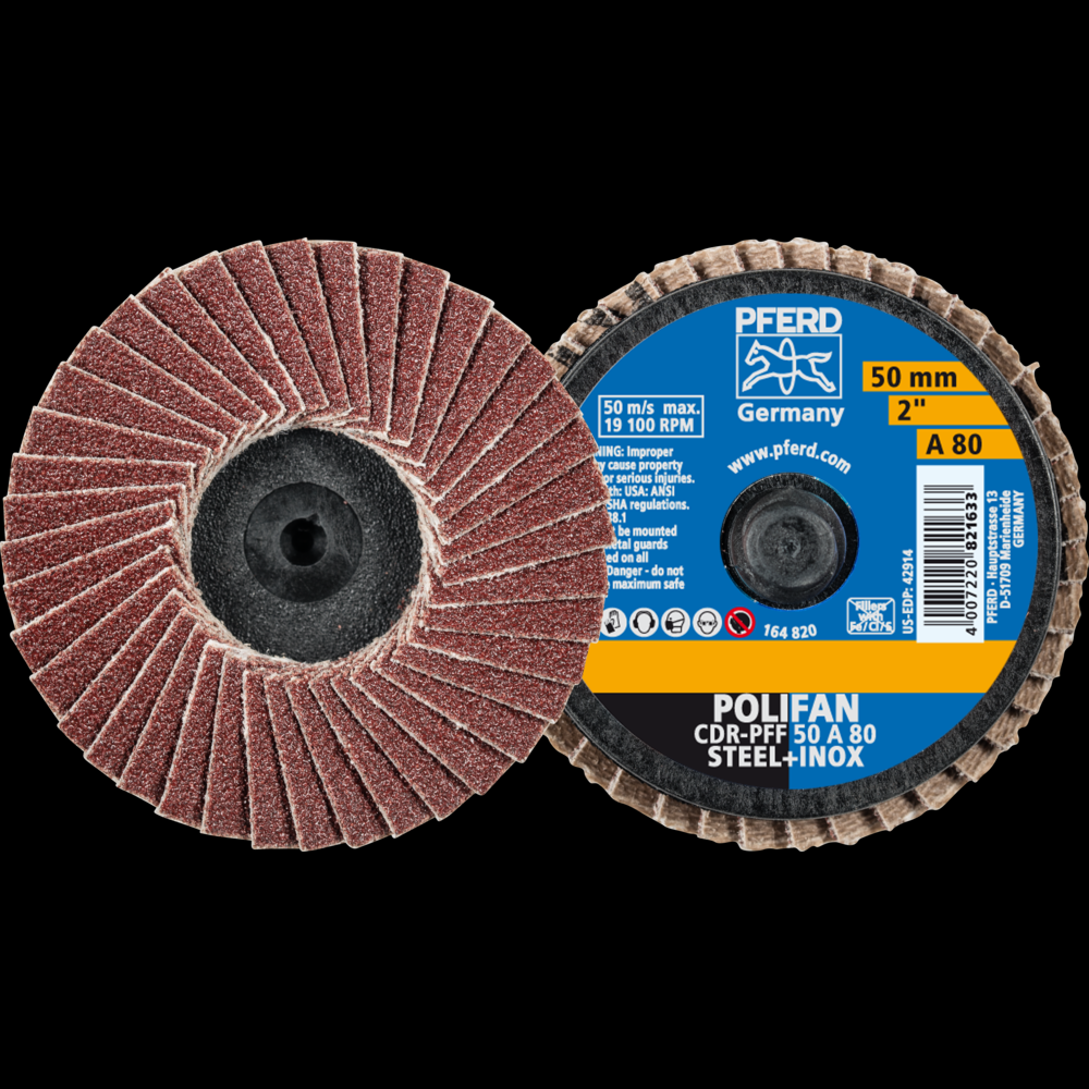 PFERD Mini Flap Disc, 2&#34; Dia, Type CDR, 80 Grit, Flat, Aluminum oxide<span class=' ItemWarning' style='display:block;'>Item is usually in stock, but we&#39;ll be in touch if there&#39;s a problem<br /></span>