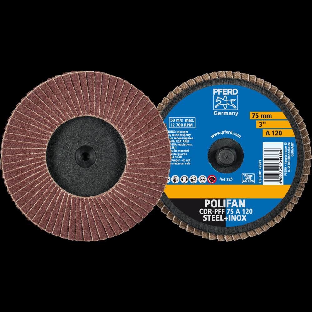 PFERD Mini Flap Disc, 3&#34; Dia, Type CDR, 120 Grit, Flat, Aluminum oxide<span class=' ItemWarning' style='display:block;'>Item is usually in stock, but we&#39;ll be in touch if there&#39;s a problem<br /></span>