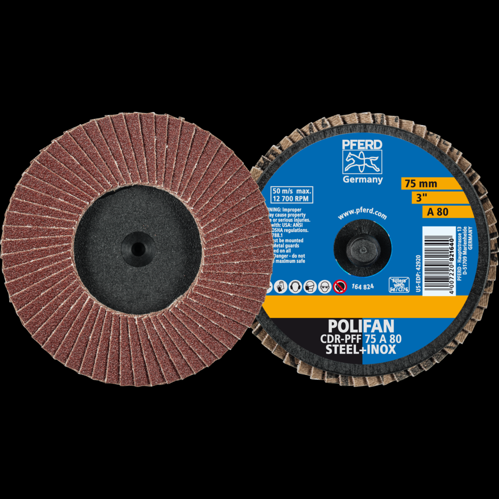 PFERD Mini Flap Disc, 3&#34; Dia, Type CDR, 80 Grit, Flat, Aluminum oxide<span class=' ItemWarning' style='display:block;'>Item is usually in stock, but we&#39;ll be in touch if there&#39;s a problem<br /></span>