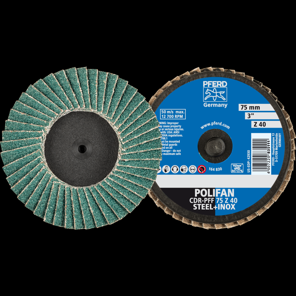 PFERD Mini Flap Disc, 3&#34; Dia, Type CDR, 40 Grit, Flat, Zirconia alumina<span class=' ItemWarning' style='display:block;'>Item is usually in stock, but we&#39;ll be in touch if there&#39;s a problem<br /></span>