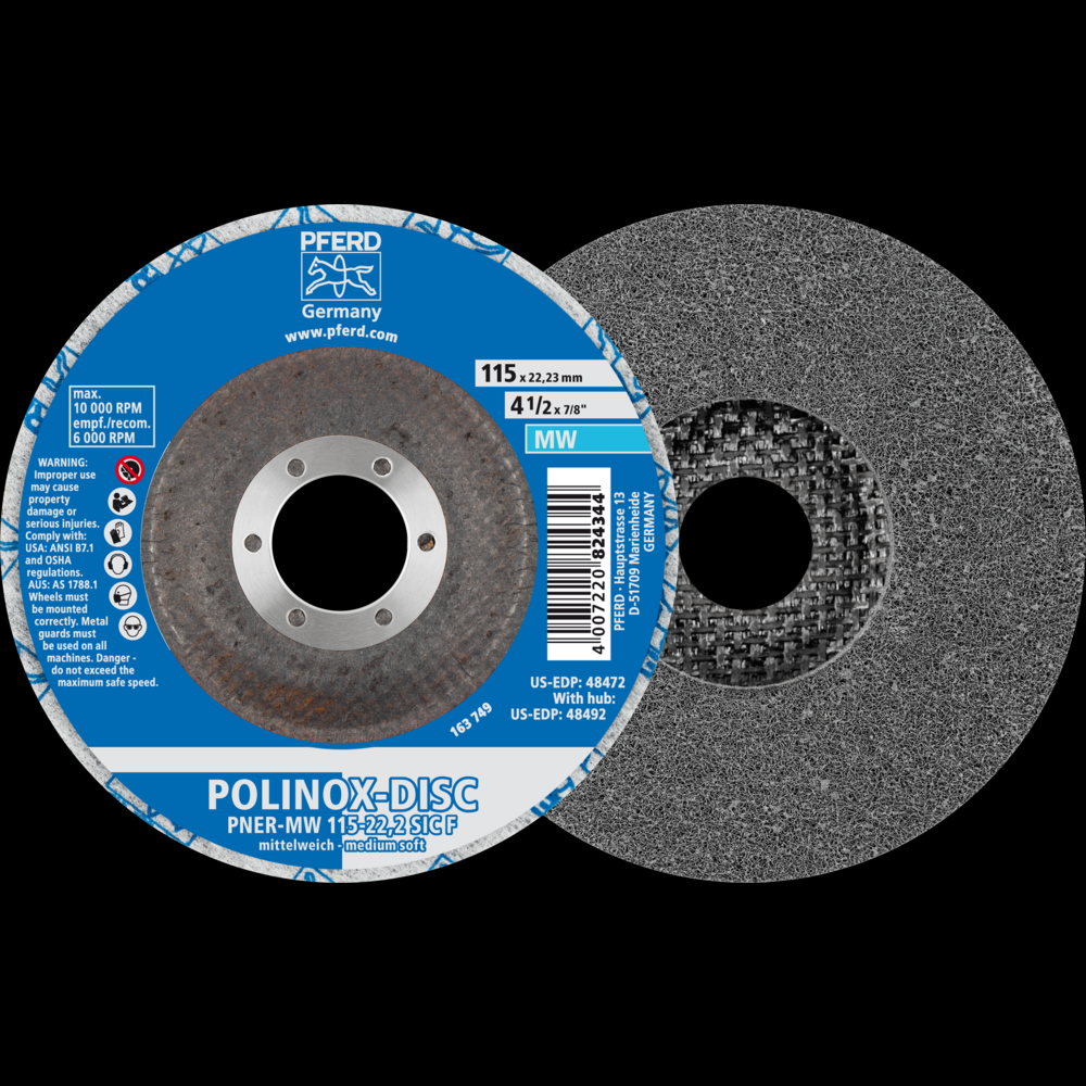 PFERD POLINOX® Unitized Disc, 4-1/2&#34; x 1/2 x 7/8, T27, Fine, Soft, 3SF,Silicon carbide<span class=' ItemWarning' style='display:block;'>Item is usually in stock, but we&#39;ll be in touch if there&#39;s a problem<br /></span>