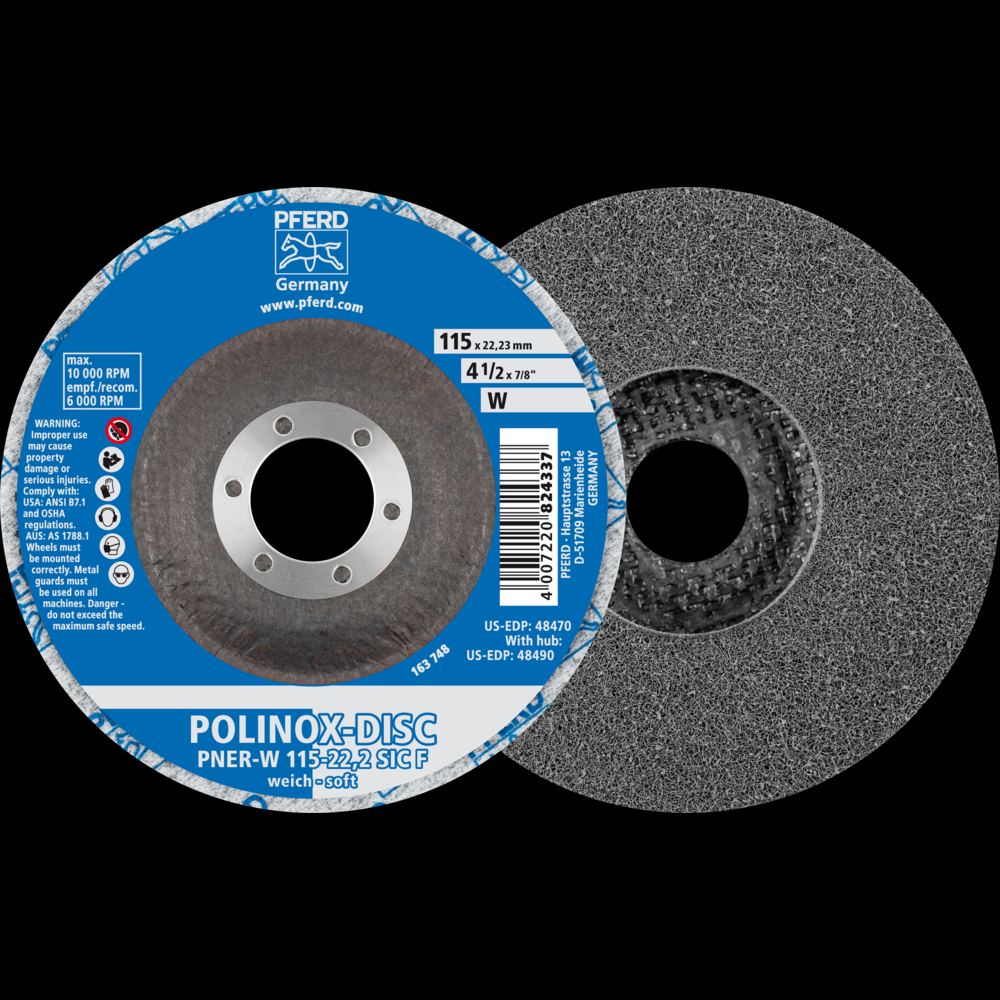 PFERD POLINOX® Unitized Disc, 4-1/2&#34; x 1/2 x 7/8, T27, Fine, Soft, 2SF,Silicon carbide<span class=' ItemWarning' style='display:block;'>Item is usually in stock, but we&#39;ll be in touch if there&#39;s a problem<br /></span>