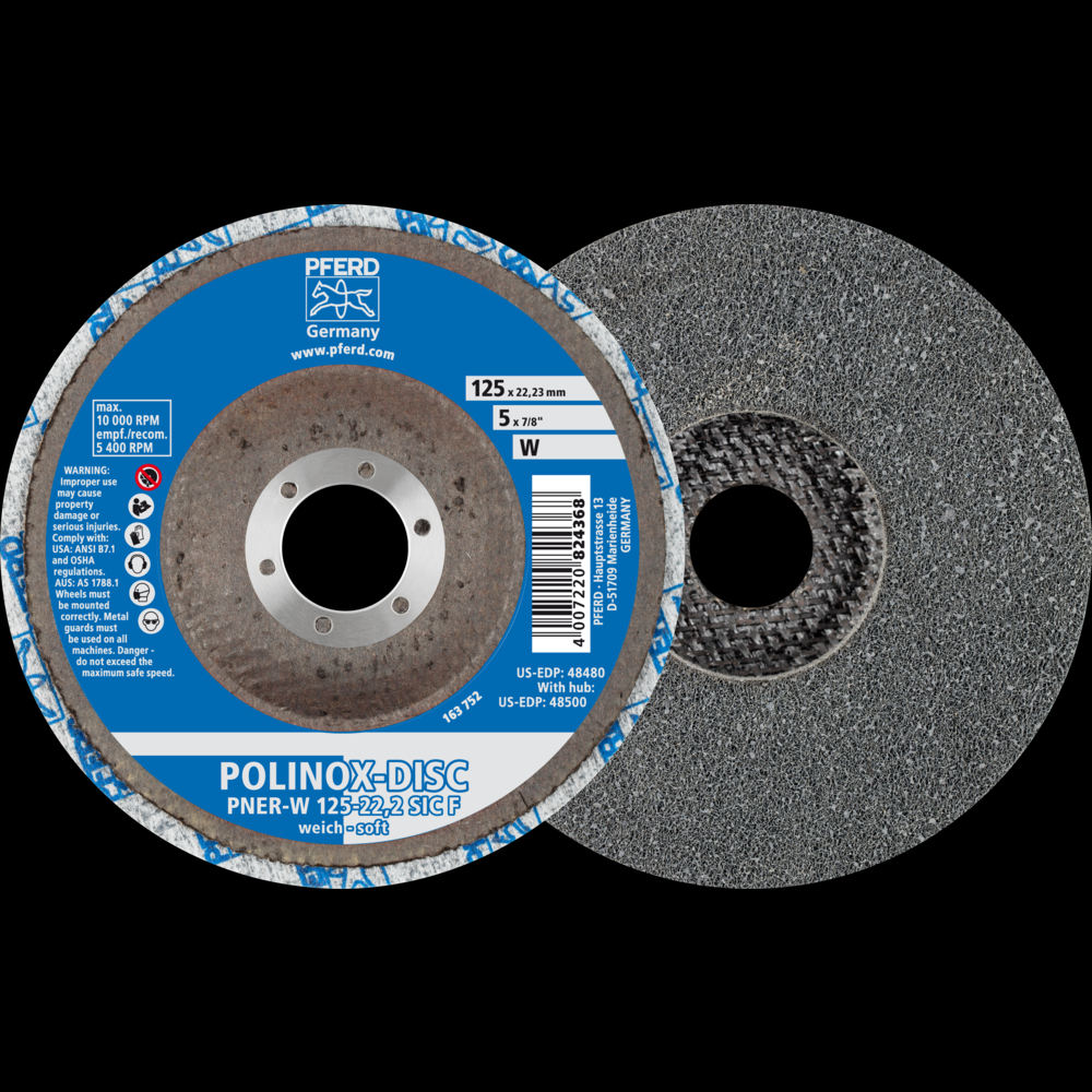 PFERD POLINOX® Unitized Disc, 5&#34; x 1/2 x 7/8, T27, Fine, Soft, 2SF,Silicon carbide<span class=' ItemWarning' style='display:block;'>Item is usually in stock, but we&#39;ll be in touch if there&#39;s a problem<br /></span>