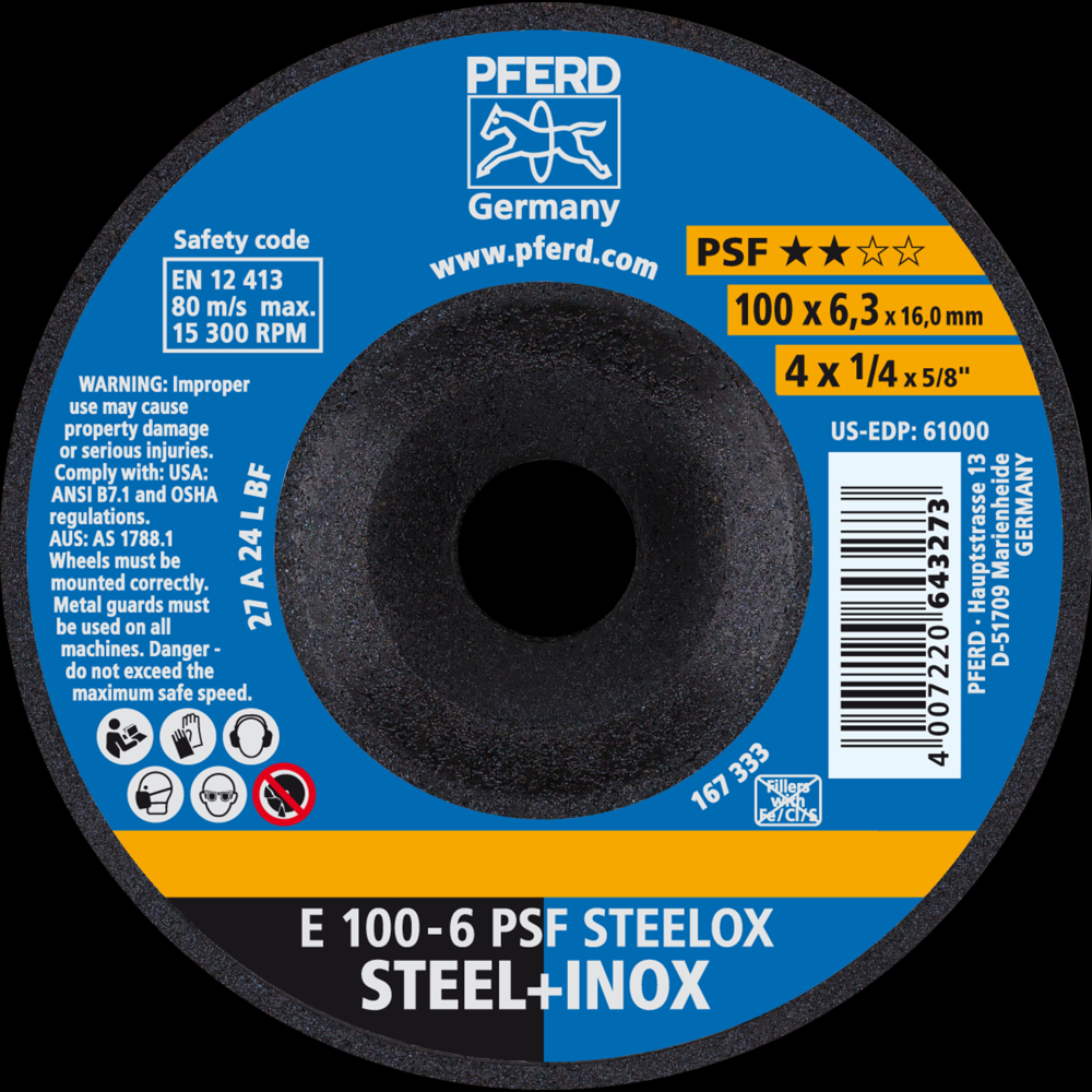 PFERD Grinding Wheel, 4&#34; x 1/4 x 5/8, PSF STEELOX, T27, Aluminum oxide<span class=' ItemWarning' style='display:block;'>Item is usually in stock, but we&#39;ll be in touch if there&#39;s a problem<br /></span>