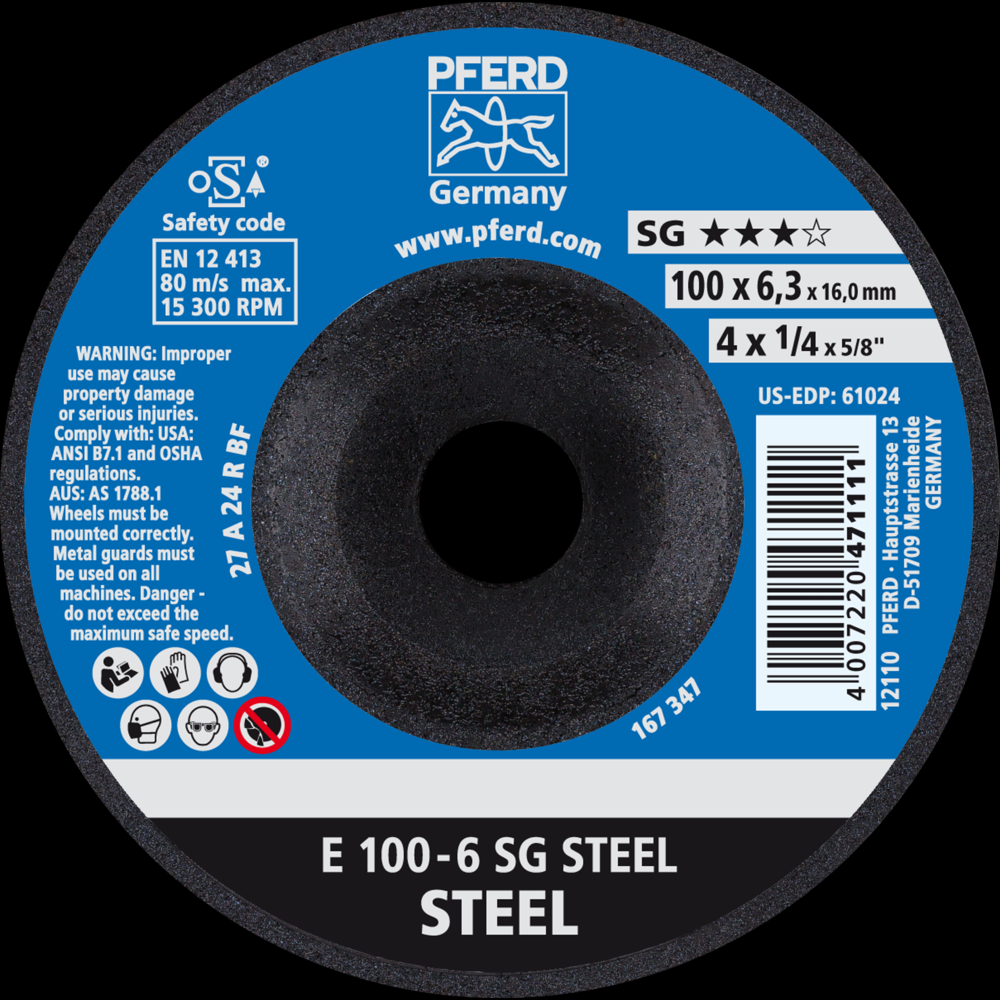 PFERD Grinding Wheel, 4&#34; x 1/4 x 5/8, SG STEEL, T27, Aluminum oxide<span class=' ItemWarning' style='display:block;'>Item is usually in stock, but we&#39;ll be in touch if there&#39;s a problem<br /></span>