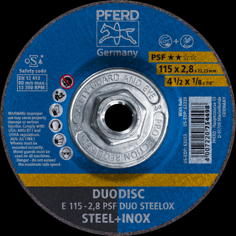 PFERD Combination Wheel, 4-1/2&#34; x 1/8 x 5/8-11, PSF DUODISC STEELOX,T27,Aluminum oxide<span class=' ItemWarning' style='display:block;'>Item is usually in stock, but we&#39;ll be in touch if there&#39;s a problem<br /></span>