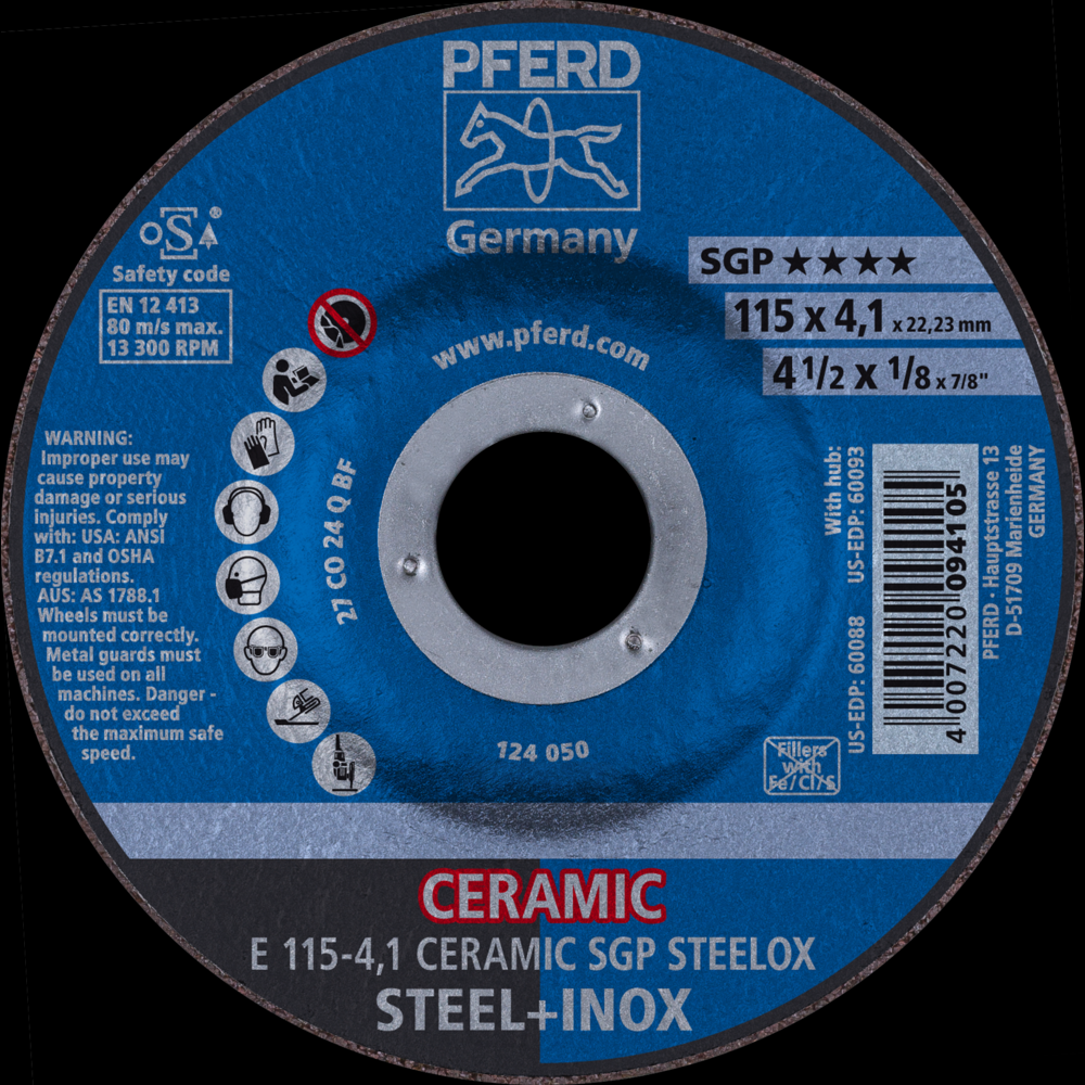 PFERD Grinding Wheel, 4-1/2&#34; x 1/8 x 7/8, CERAMIC SGP STEELOX, T27<span class=' ItemWarning' style='display:block;'>Item is usually in stock, but we&#39;ll be in touch if there&#39;s a problem<br /></span>