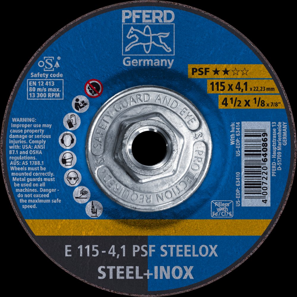 PFERD Grinding Wheel, 4-1/2&#34; x 1/8 x 5/8-11, PSF STEELOX, T27, Aluminum oxide<span class=' ItemWarning' style='display:block;'>Item is usually in stock, but we&#39;ll be in touch if there&#39;s a problem<br /></span>